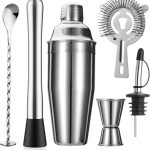 6-Piece Cocktail Mixing Set: Includes a 24 oz shaker, strainer, muddler, jigger, stirring spoon, and pour spouts; a stainless steel bar tool kit—an ideal housewarming gift.