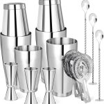 Cocktail Mixing Set (Boston Shaker Style): A 15-piece professional bartender tool kit; made of stainless steel, featuring mixing tools suitable for beginners (Silver).