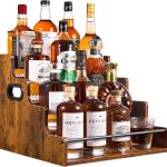 4-Tier Liquor Bottle Display Shelf — 16-Inch Rustic Solid Wood Organizer; Holds Glassware & Coffee Syrups; Heavy-Duty Countertop Condiment Rack (With Guard Rails & Handles); Suitable for Bars, Kitchens, & Offices